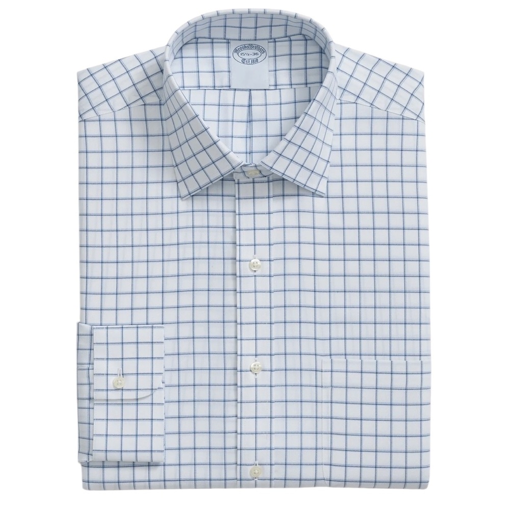 Brooks Brothers Milano Original Polo Shirt White Blue WindowPane Check Neck 16.5